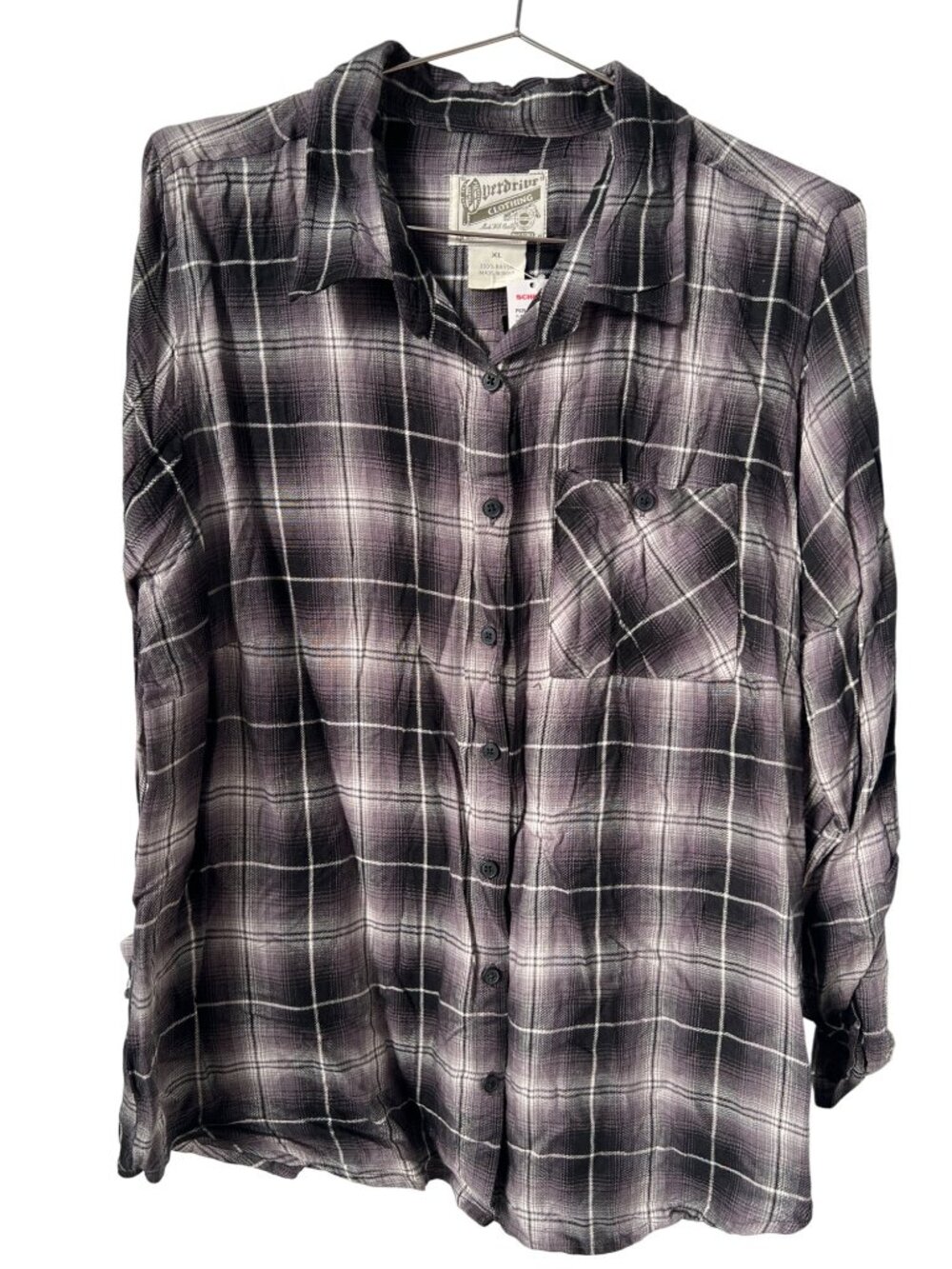Overdrive Shirt XL Plaid Button Down Black White Rayon Western Ranch Preppy NEW